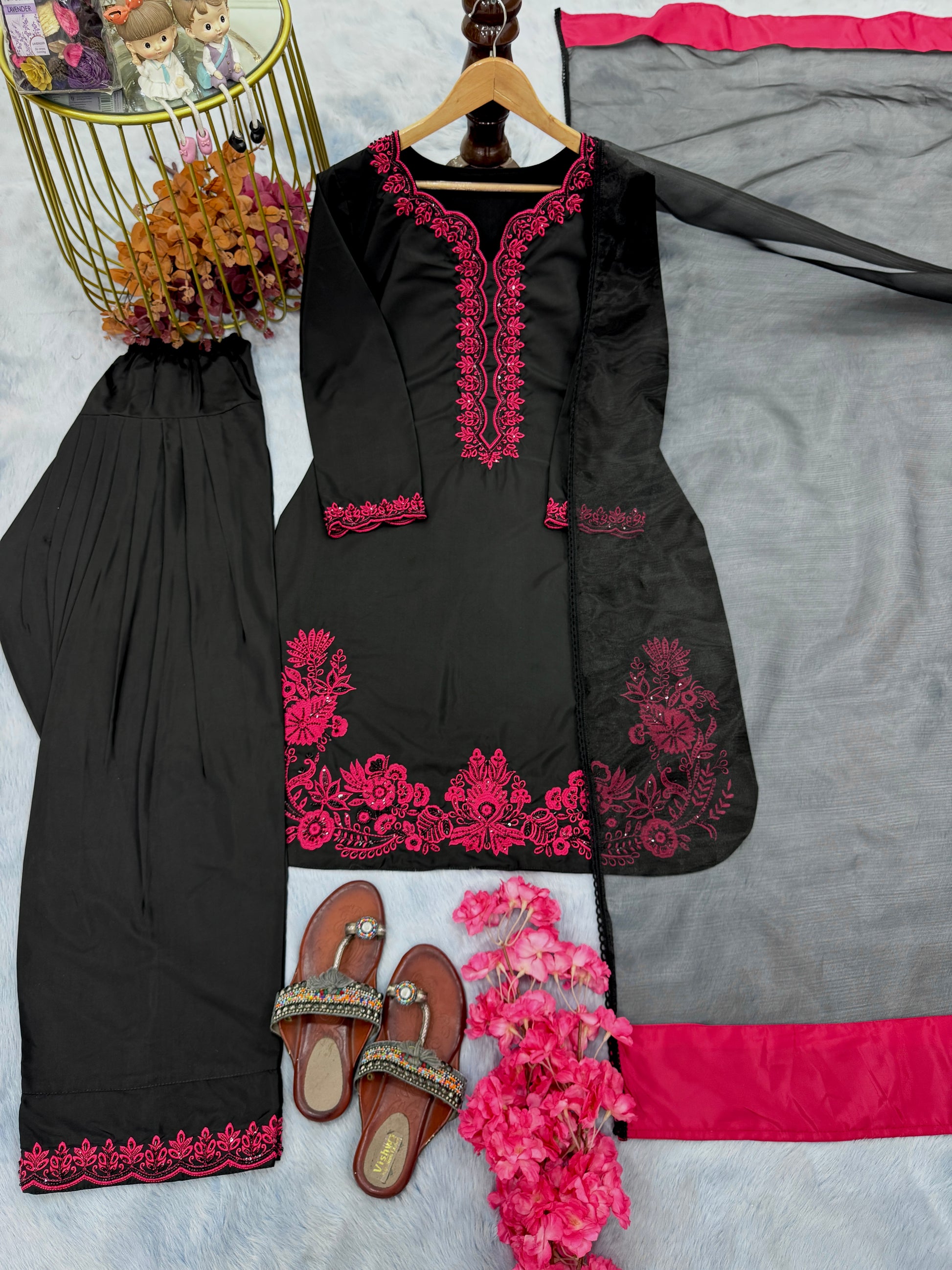 "Classic Black Suit with Vibrant Pink Threadwork | Krushi Life Style "