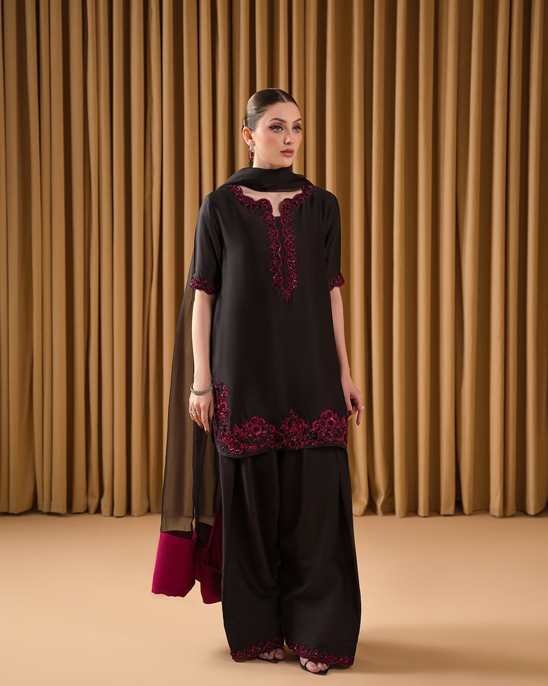 "Classic Black Suit with Vibrant Pink Threadwork | Krushi Life Style "