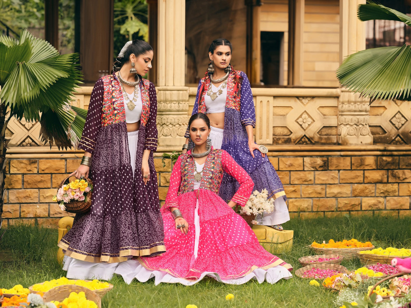NAVRATRI SPECIAL SHRUG, BLOUSE & LEHENGA ON FAUX GEORGETTE & RAYON WITH BANDHANI PRINT & EMBROIDERY WORK, FULL FLAIR, FULLY STITCHED