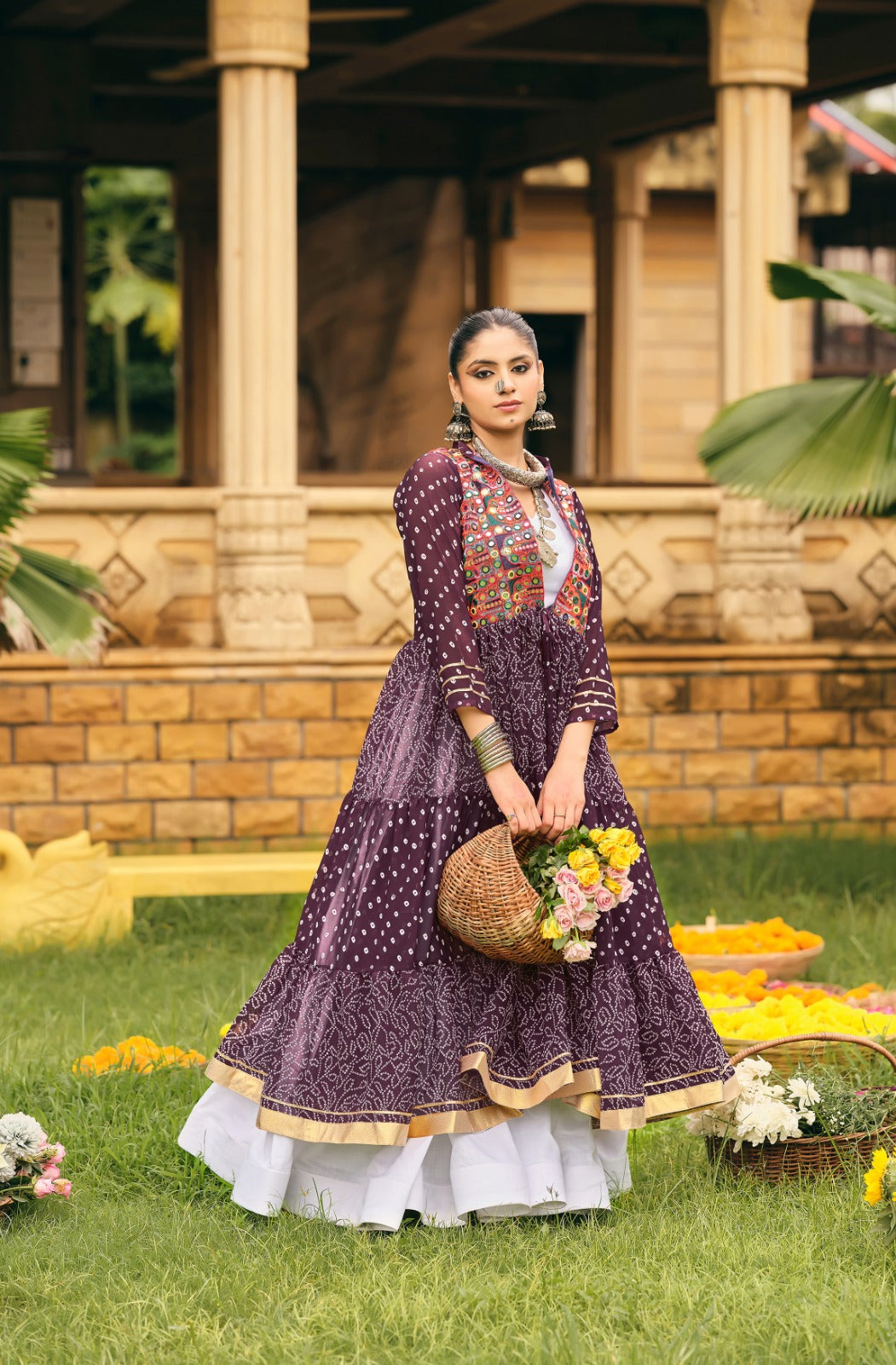 NAVRATRI SPECIAL SHRUG, BLOUSE & LEHENGA ON FAUX GEORGETTE & RAYON WITH BANDHANI PRINT & EMBROIDERY WORK, FULL FLAIR, FULLY STITCHED