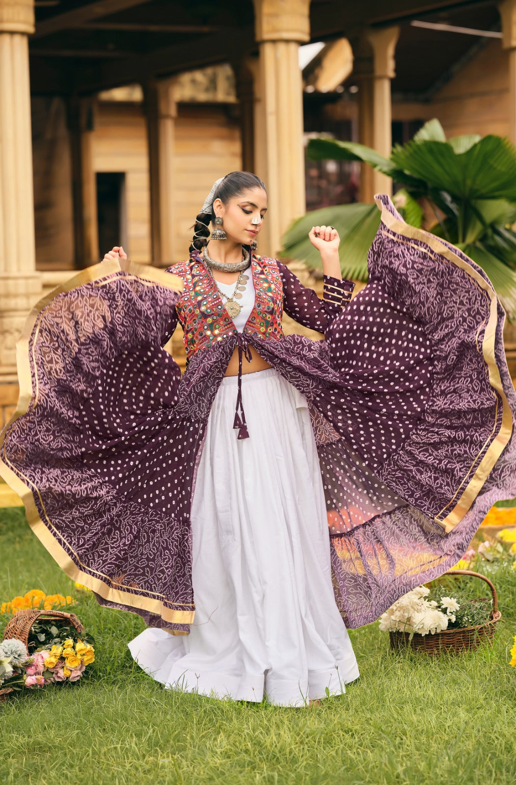 NAVRATRI SPECIAL SHRUG, BLOUSE & LEHENGA ON FAUX GEORGETTE & RAYON WITH BANDHANI PRINT & EMBROIDERY WORK, FULL FLAIR, FULLY STITCHED