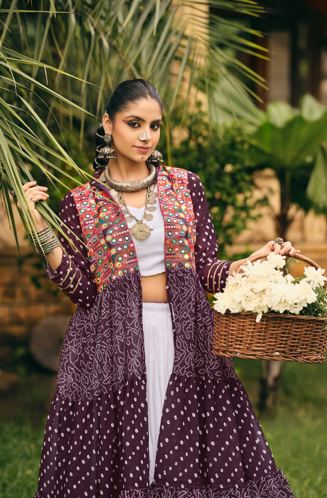 NAVRATRI SPECIAL SHRUG, BLOUSE & LEHENGA ON FAUX GEORGETTE & RAYON WITH BANDHANI PRINT & EMBROIDERY WORK, FULL FLAIR, FULLY STITCHED