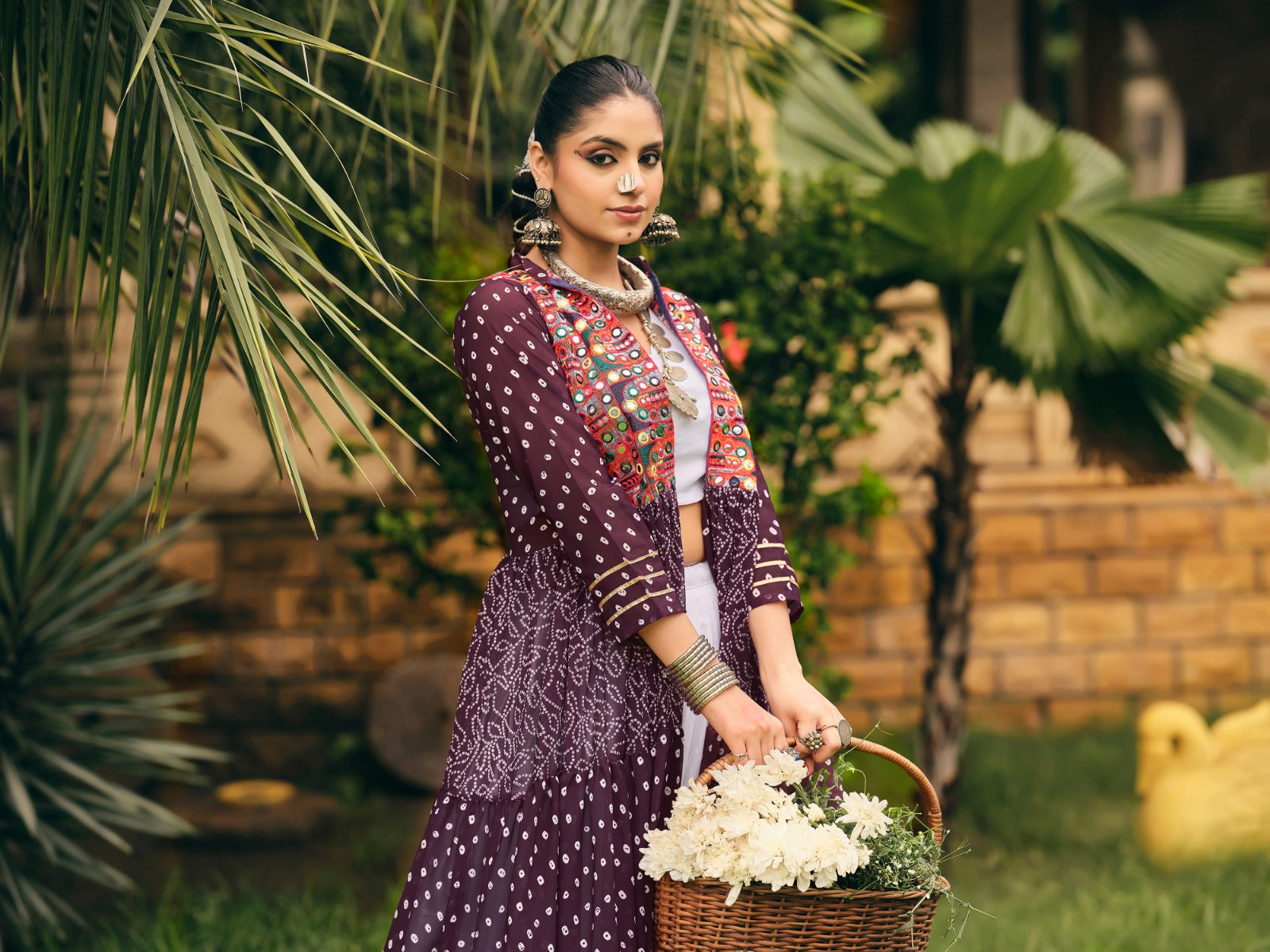NAVRATRI SPECIAL SHRUG, BLOUSE & LEHENGA ON FAUX GEORGETTE & RAYON WITH BANDHANI PRINT & EMBROIDERY WORK, FULL FLAIR, FULLY STITCHED