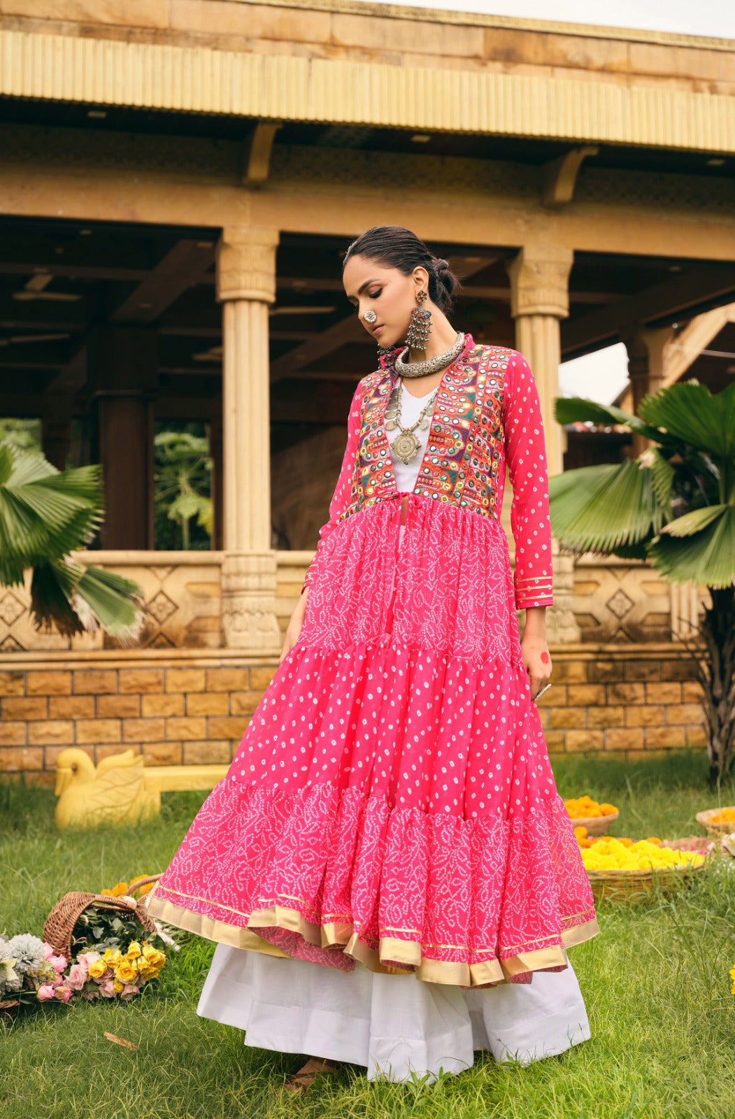 NAVRATRI SPECIAL SHRUG, BLOUSE & LEHENGA ON FAUX GEORGETTE & RAYON WITH BANDHANI PRINT & EMBROIDERY WORK, FULL FLAIR, FULLY STITCHED