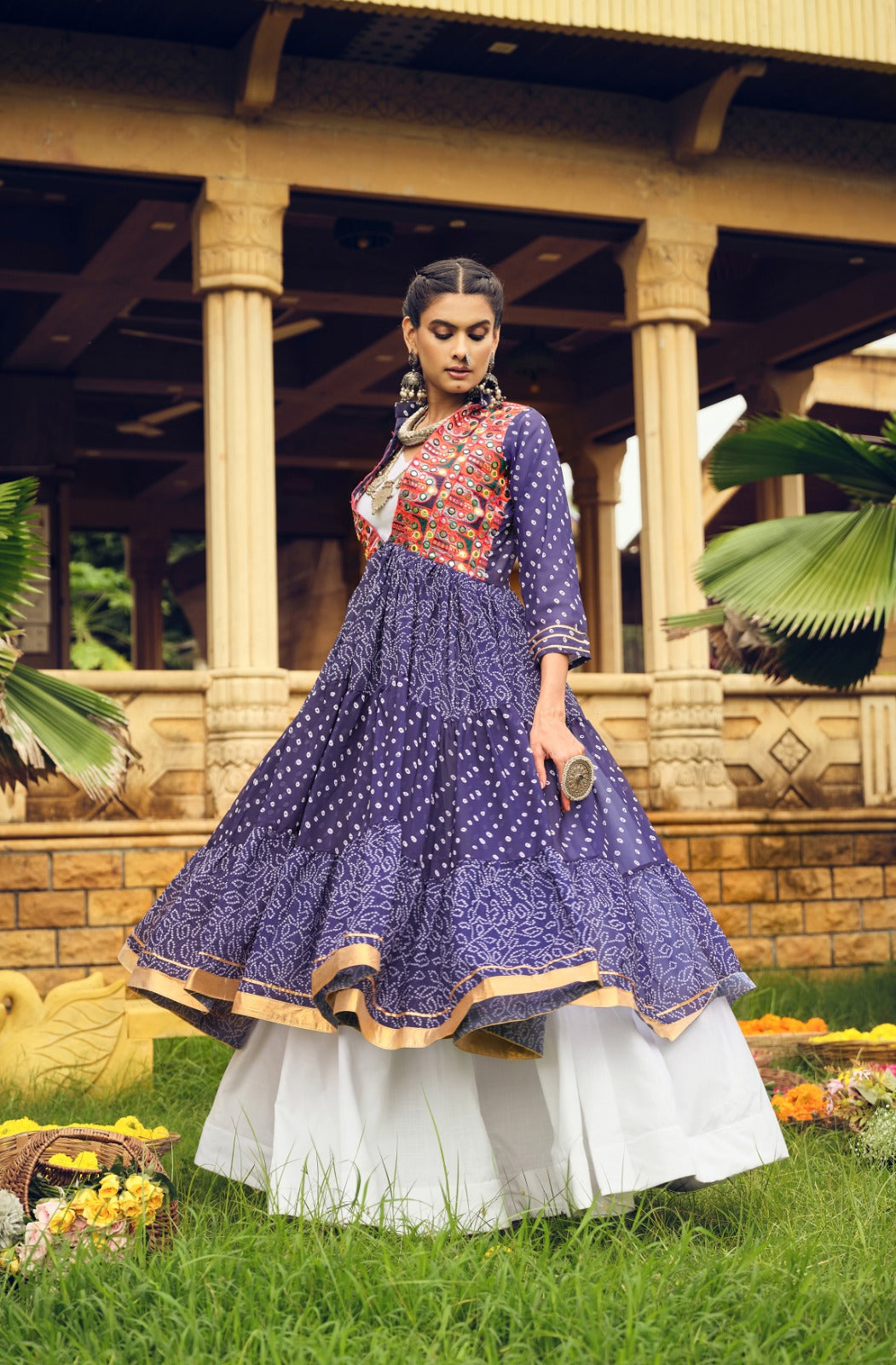 NAVRATRI SPECIAL SHRUG, BLOUSE & LEHENGA ON FAUX GEORGETTE & RAYON WITH BANDHANI PRINT & EMBROIDERY WORK, FULL FLAIR, FULLY STITCHED