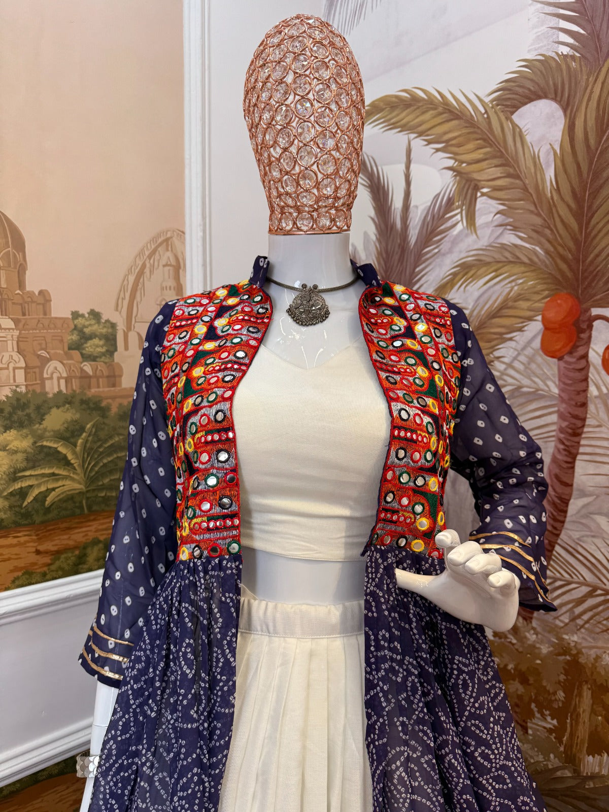 NAVRATRI SPECIAL SHRUG, BLOUSE & LEHENGA ON FAUX GEORGETTE & RAYON WITH BANDHANI PRINT & EMBROIDERY WORK, FULL FLAIR, FULLY STITCHED