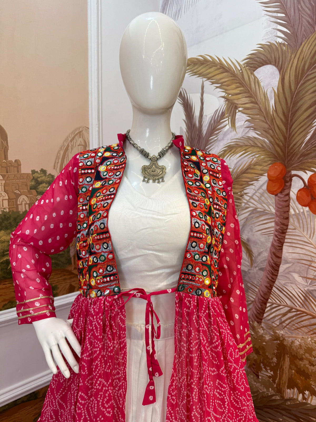 NAVRATRI SPECIAL SHRUG, BLOUSE & LEHENGA ON FAUX GEORGETTE & RAYON WITH BANDHANI PRINT & EMBROIDERY WORK, FULL FLAIR, FULLY STITCHED