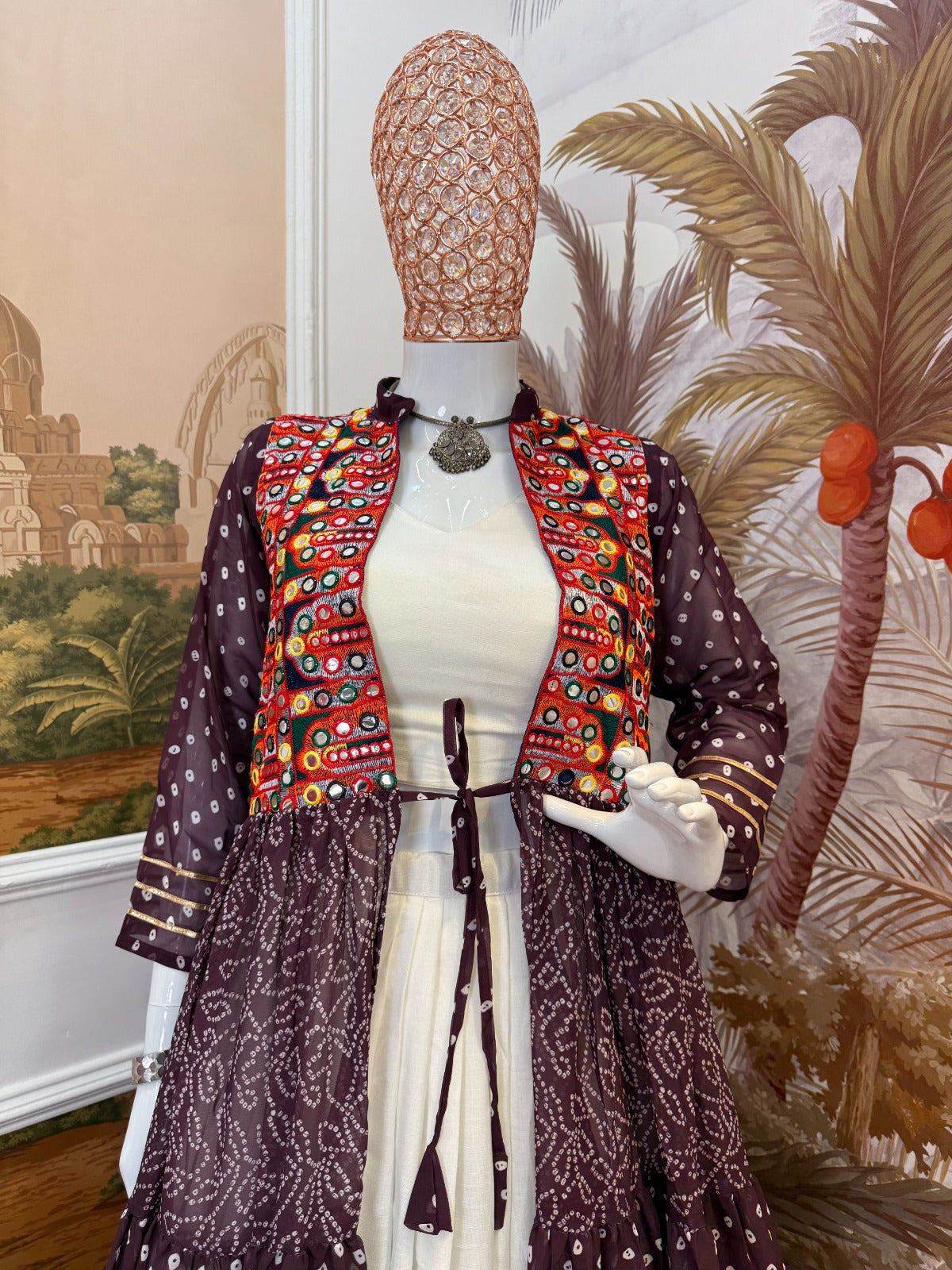 NAVRATRI SPECIAL SHRUG, BLOUSE & LEHENGA ON FAUX GEORGETTE & RAYON WITH BANDHANI PRINT & EMBROIDERY WORK, FULL FLAIR, FULLY STITCHED