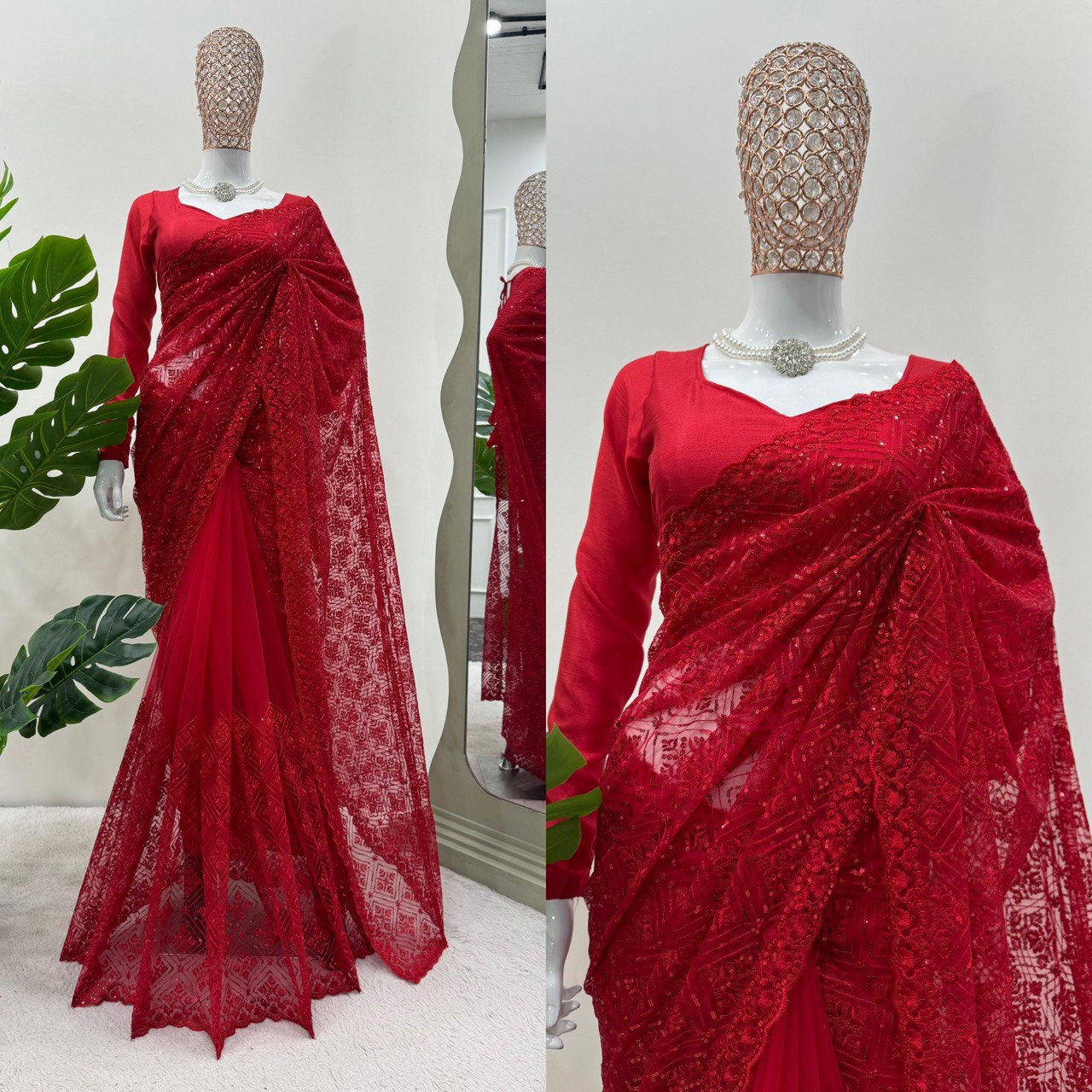 " Red Embroidery and Sequence Work Saree |Krushi Life Style "