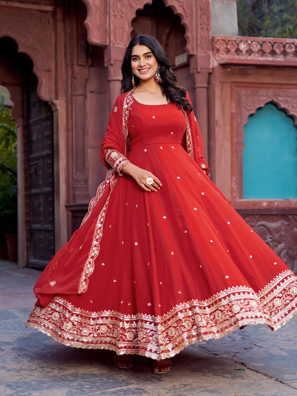 "Embroidered Gown with Pant and Dupatta Set | Krushi Life Style