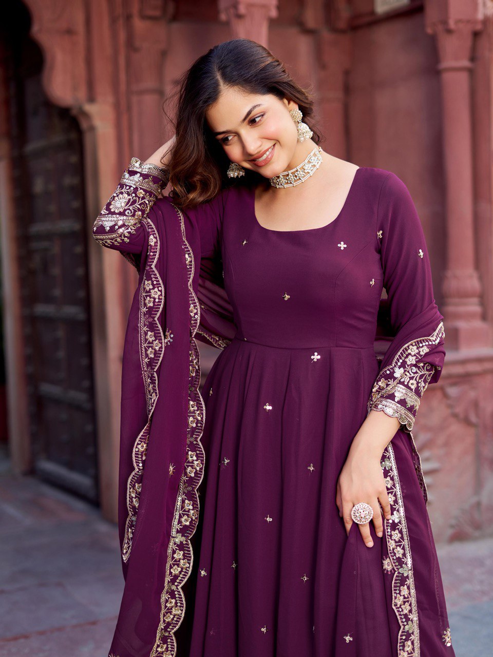 "Embroidered Gown with Pant and Dupatta Set | Krushi Life Style