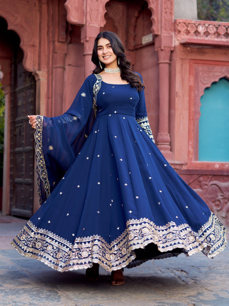 "Embroidered Gown with Pant and Dupatta Set | Krushi Life Style