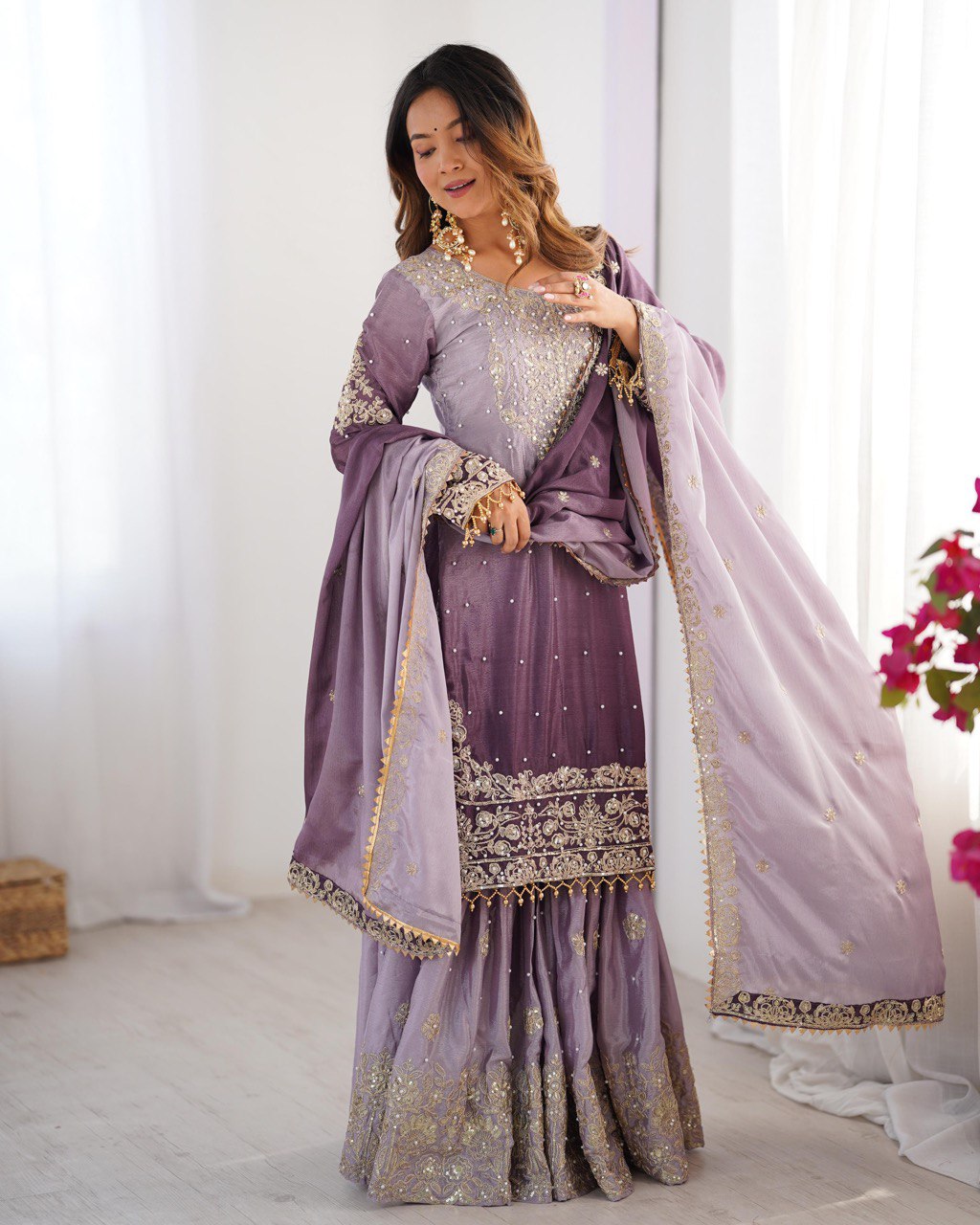 "Elegant Lilac Embroidered Sharara Set – Traditional Festive Wear for Women | krushi life style