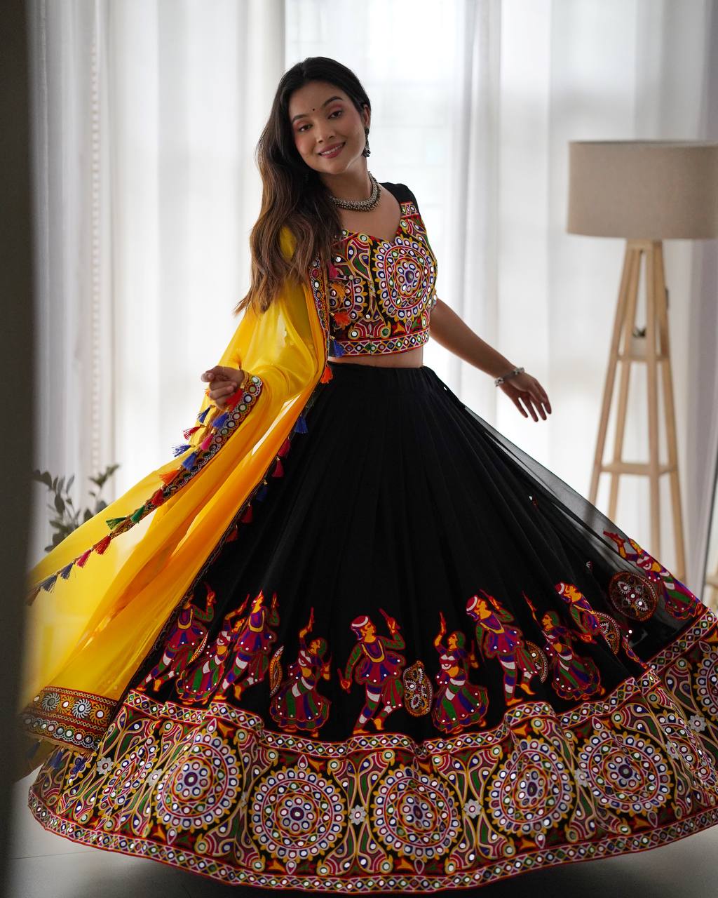 "Traditional Garba Dance Outfit – Vibrant Embroidered Lehenga Choli with Yellow Dupatta | krushi life style