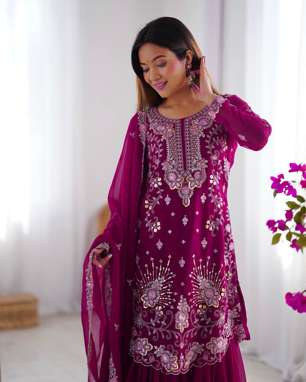 "Embroidered Sharara Suit Set with Dupatta – Elegant Festive Collection| KRUSHI LIFE STYLE