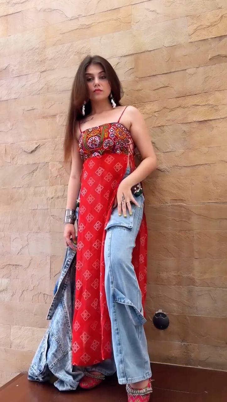" Gerba Style Red Bandhani Mirror Work Crop Top – Traditional Chic | Krushi Life Style"