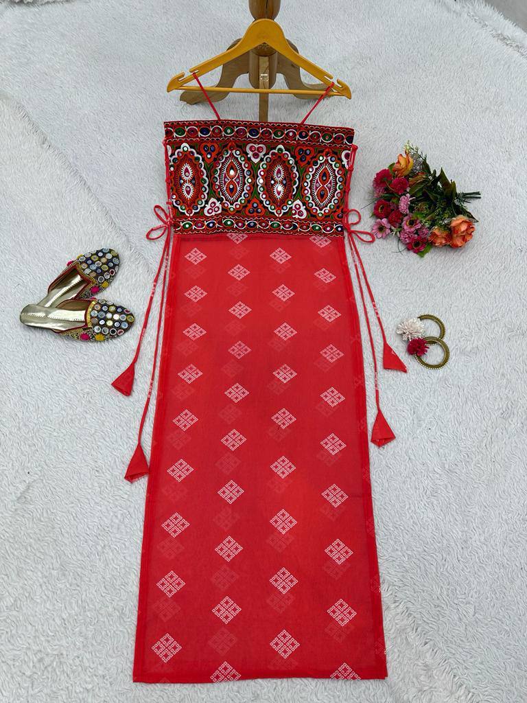 " Gerba Style Red Bandhani Mirror Work Crop Top – Traditional Chic | Krushi Life Style"