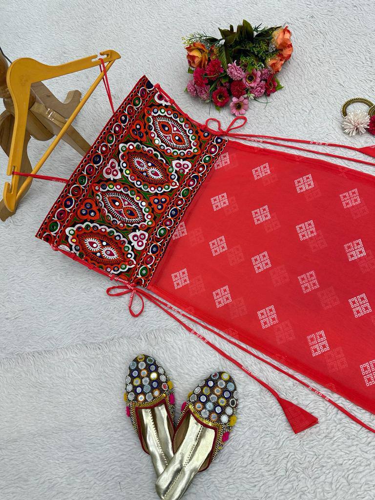 " Gerba Style Red Bandhani Mirror Work Crop Top – Traditional Chic | Krushi Life Style"
