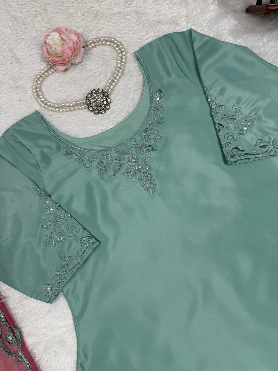 "Elegant Pastel Green Traditional Outfit with Contrasting Dupatta"