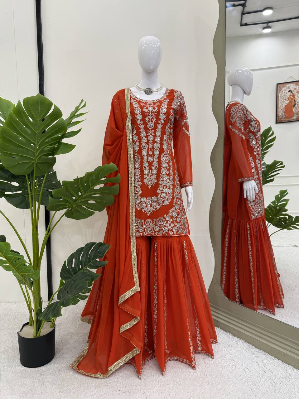 Traditional Flair Sharara Suit Set – Red, Mustard & Black
