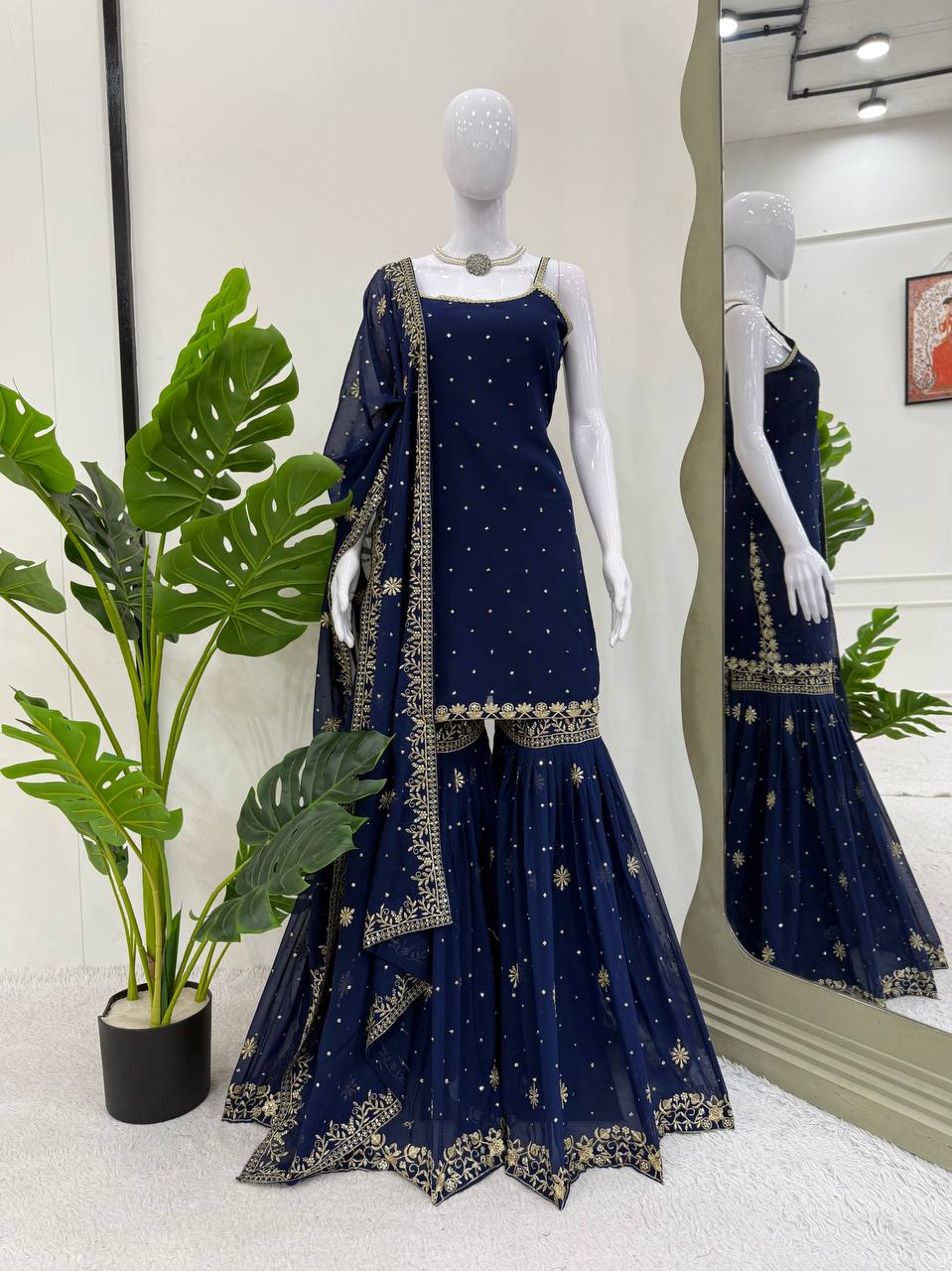 "Navy Blue Sharara Suit with Dupatta – Festive Ethnic Outfit"