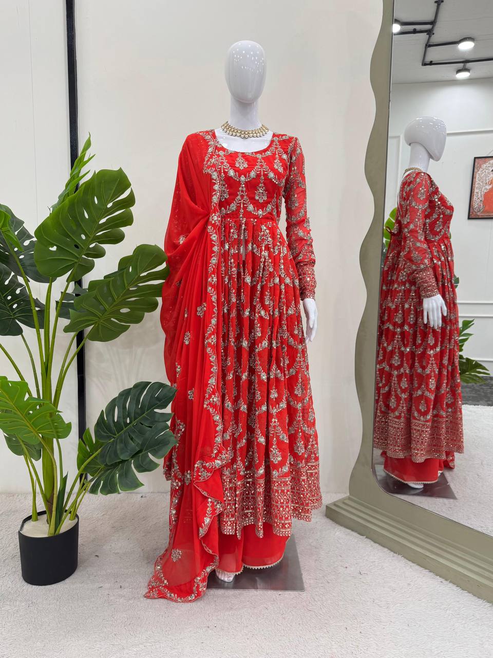 "Elegant Red Anarkali Suit with Intricate Silver Embroidery"