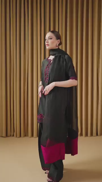 "Classic Black Suit with Vibrant Pink Threadwork | Krushi Life Style "