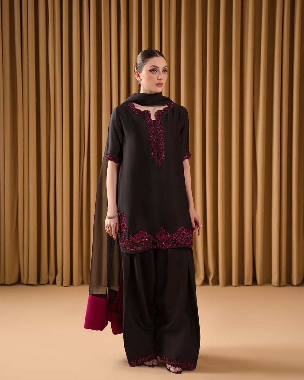 "Classic Black Suit with Vibrant Pink Threadwork | Krushi Life Style "