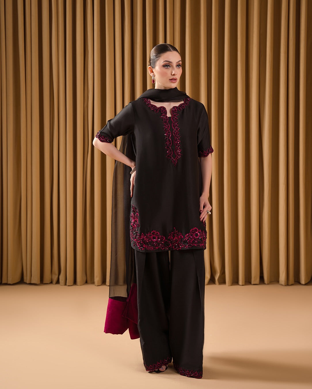 "Classic Black Suit with Vibrant Pink Threadwork | Krushi Life Style "