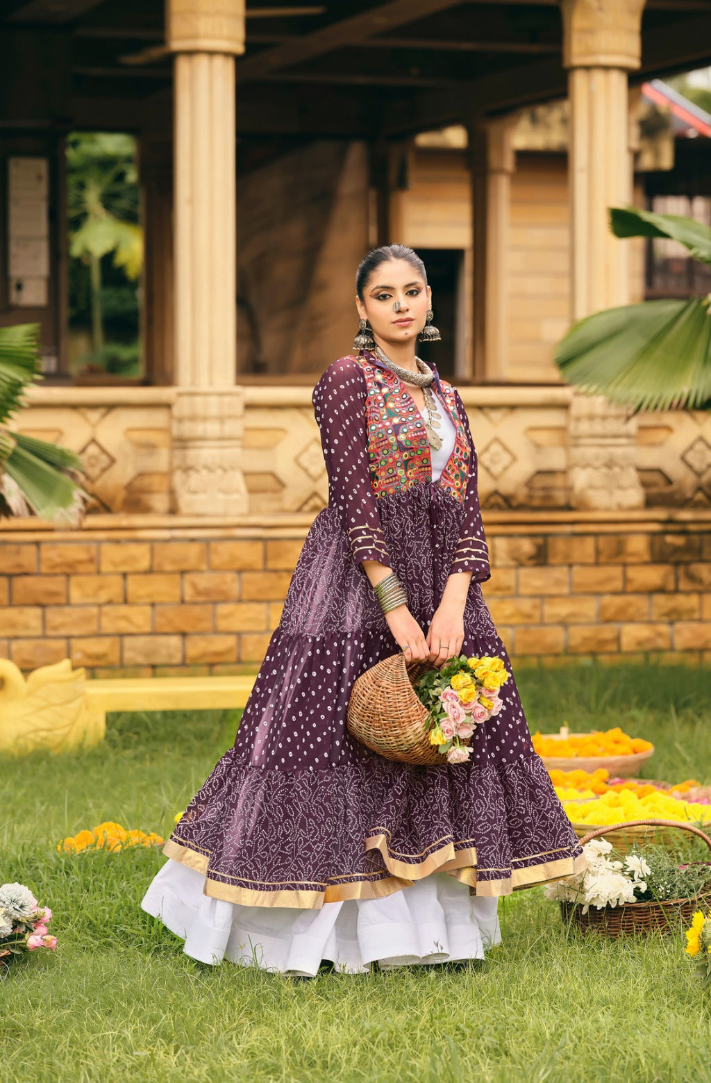 NAVRATRI SPECIAL SHRUG, BLOUSE & LEHENGA ON FAUX GEORGETTE & RAYON WITH BANDHANI PRINT & EMBROIDERY WORK, FULL FLAIR, FULLY STITCHED