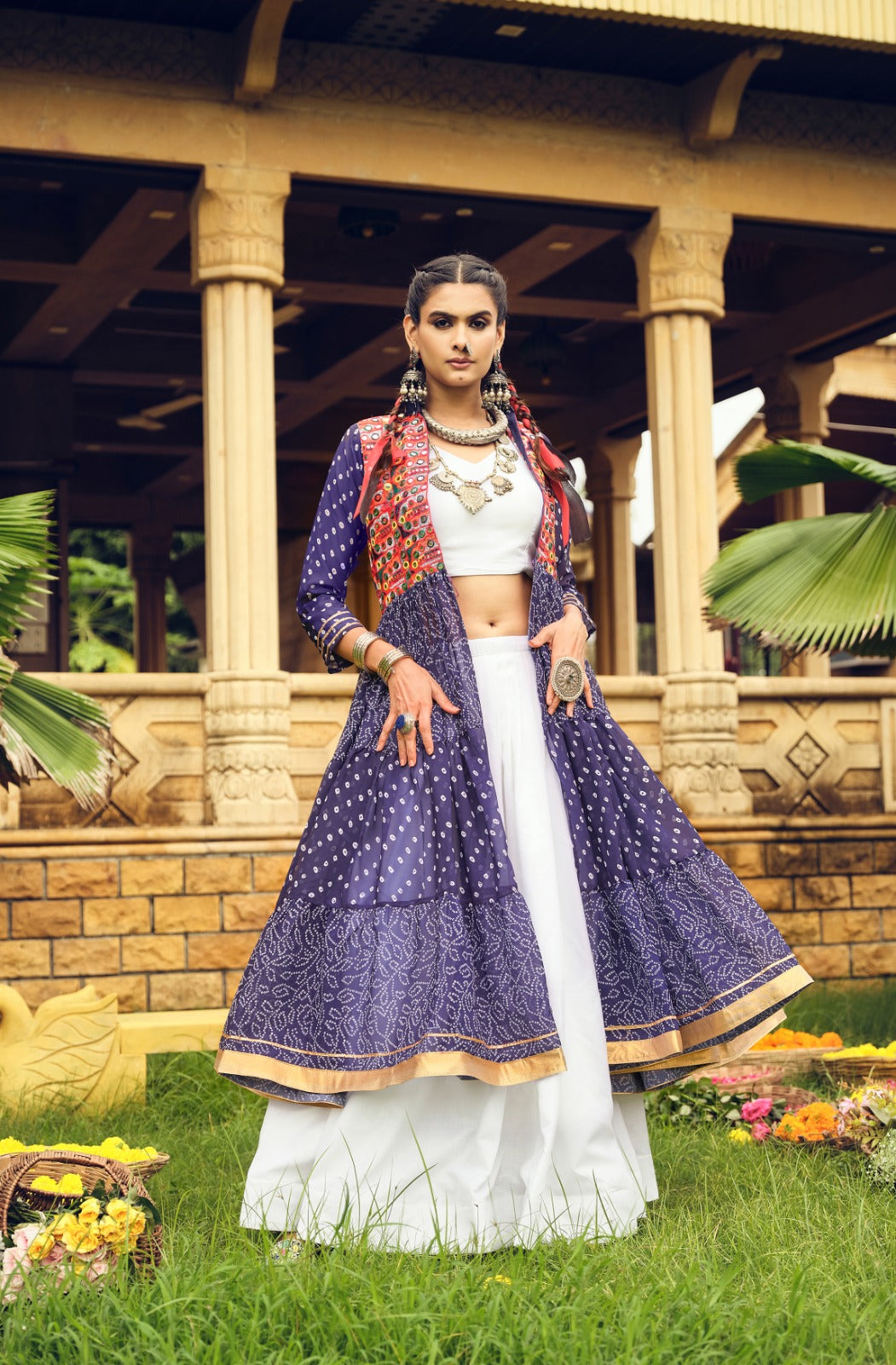 NAVRATRI SPECIAL SHRUG, BLOUSE & LEHENGA ON FAUX GEORGETTE & RAYON WITH BANDHANI PRINT & EMBROIDERY WORK, FULL FLAIR, FULLY STITCHED