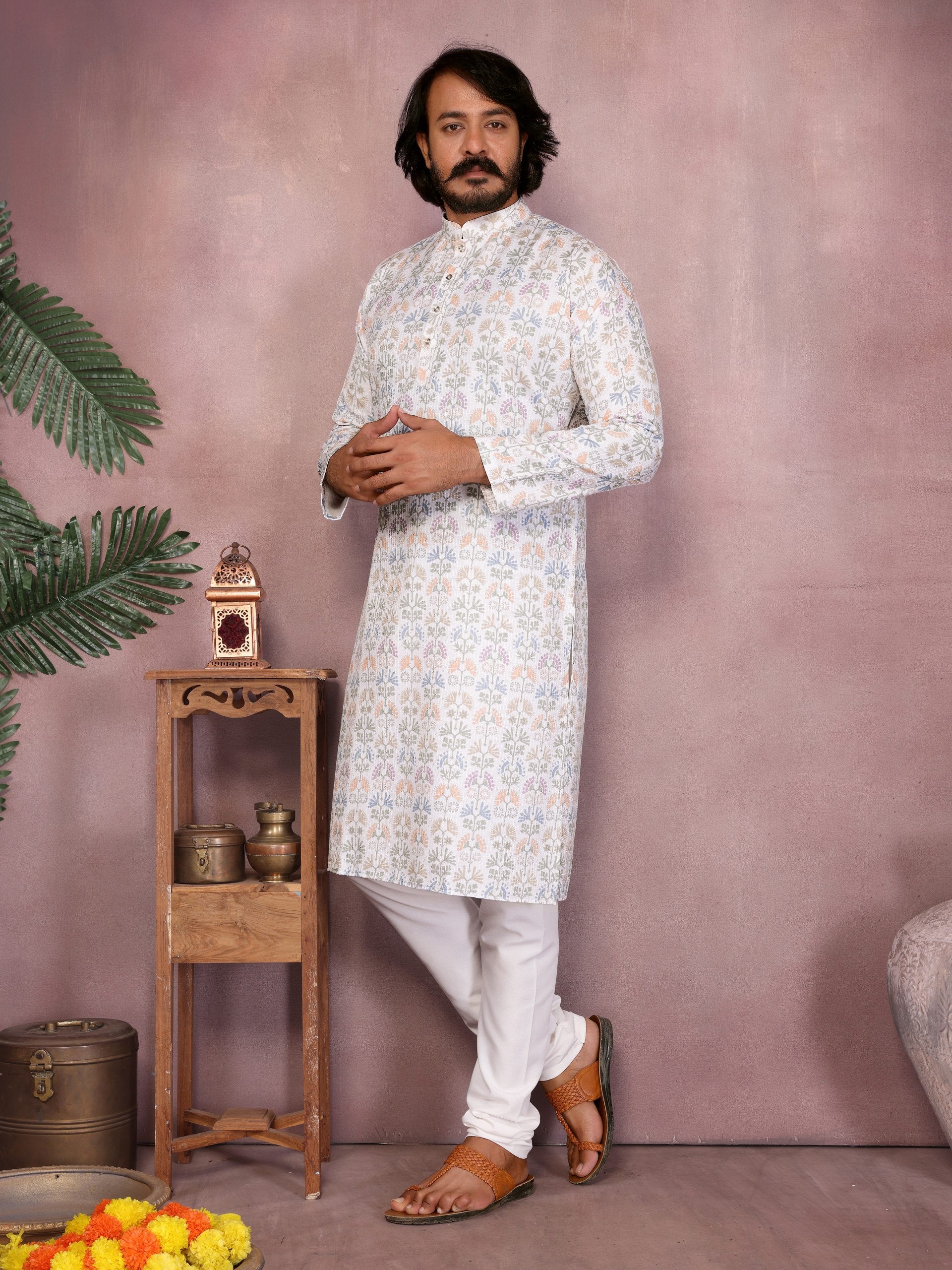 "Pastel Floral Printed Off-White Kurta | Krushi Life Style"