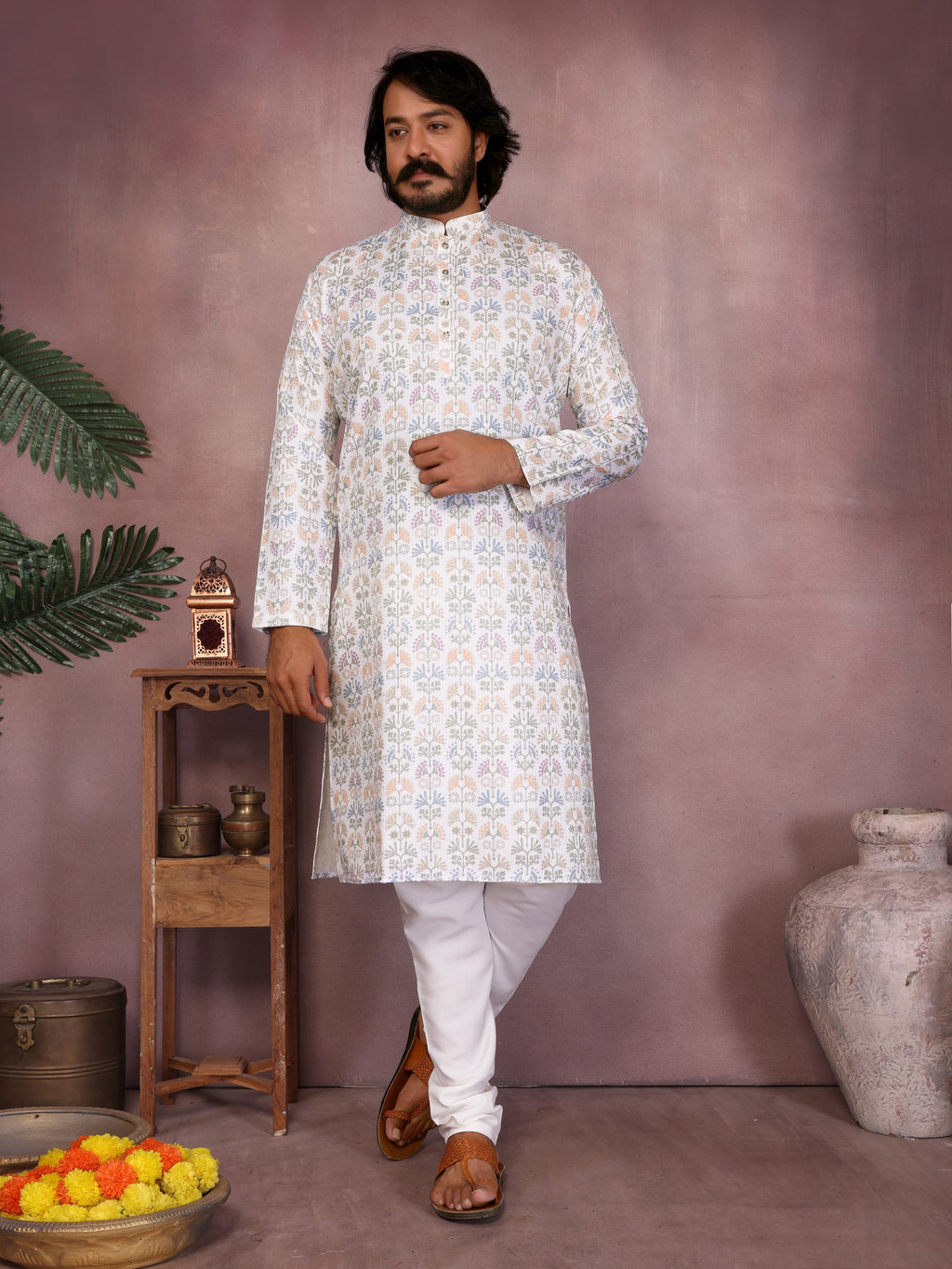 "Pastel Floral Printed Off-White Kurta | Krushi Life Style"
