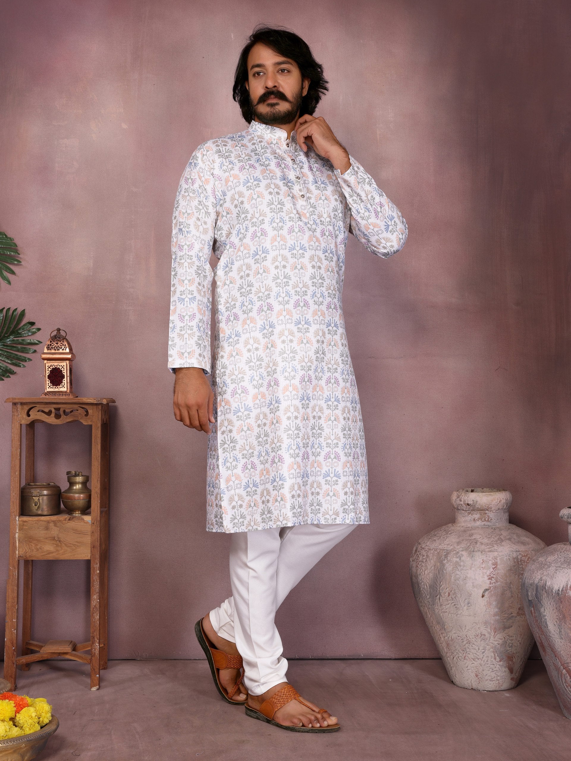 "Pastel Floral Printed Off-White Kurta | Krushi Life Style"