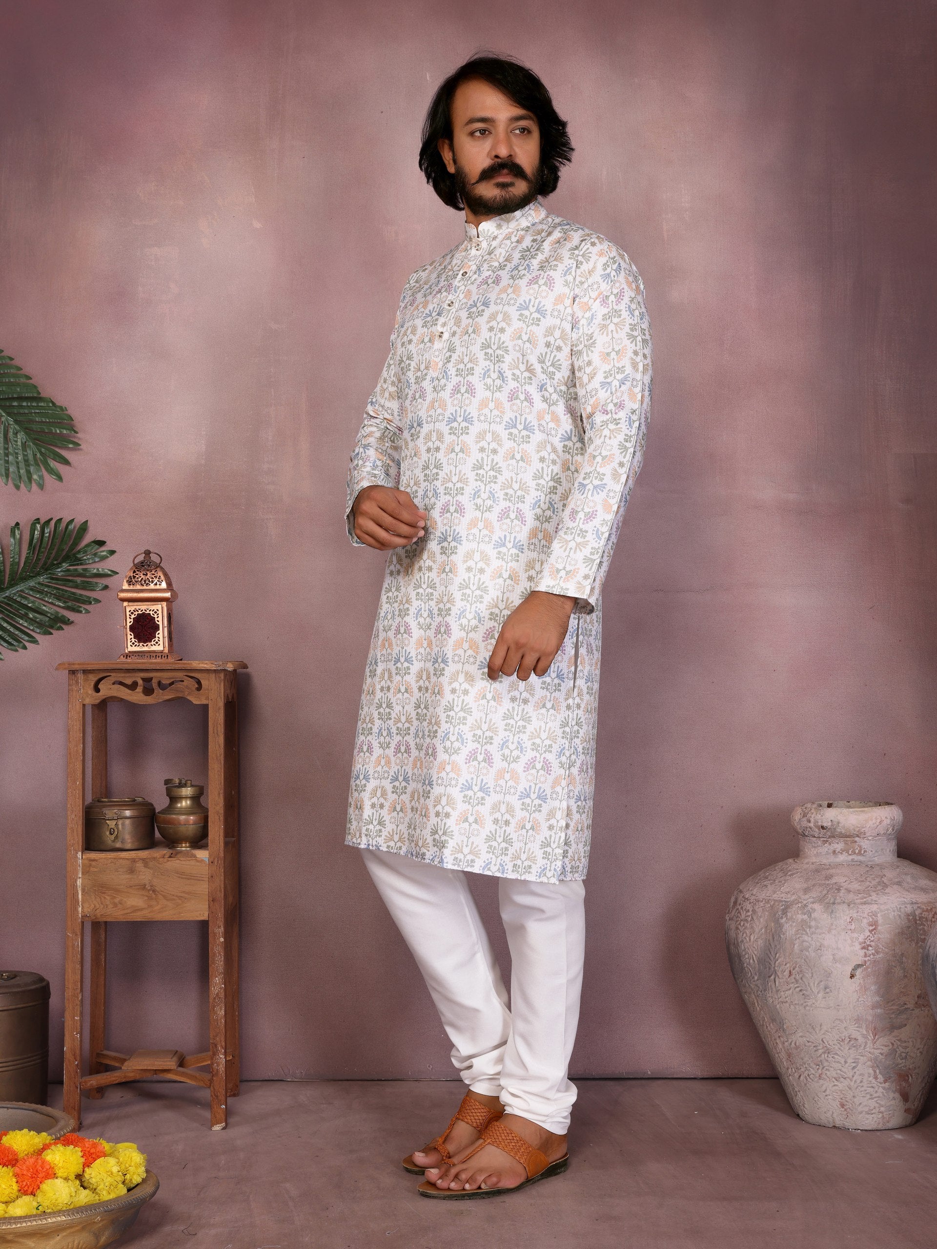 "Pastel Floral Printed Off-White Kurta | Krushi Life Style"