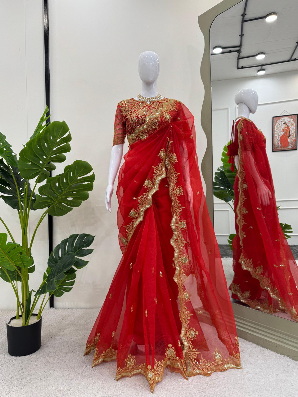 "Red Net Saree with Royal Gold Embroidery | Krushi Life Stylr"