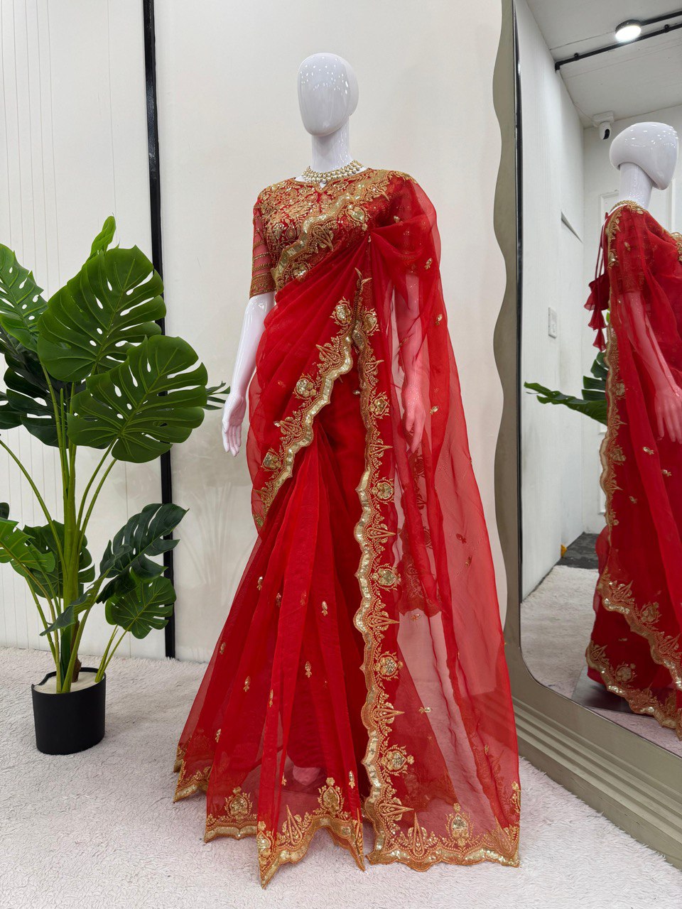 "Red Net Saree with Royal Gold Embroidery | Krushi Life Stylr"