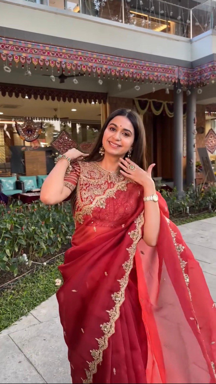 "Red Net Saree with Royal Gold Embroidery | Krushi Life Stylr"