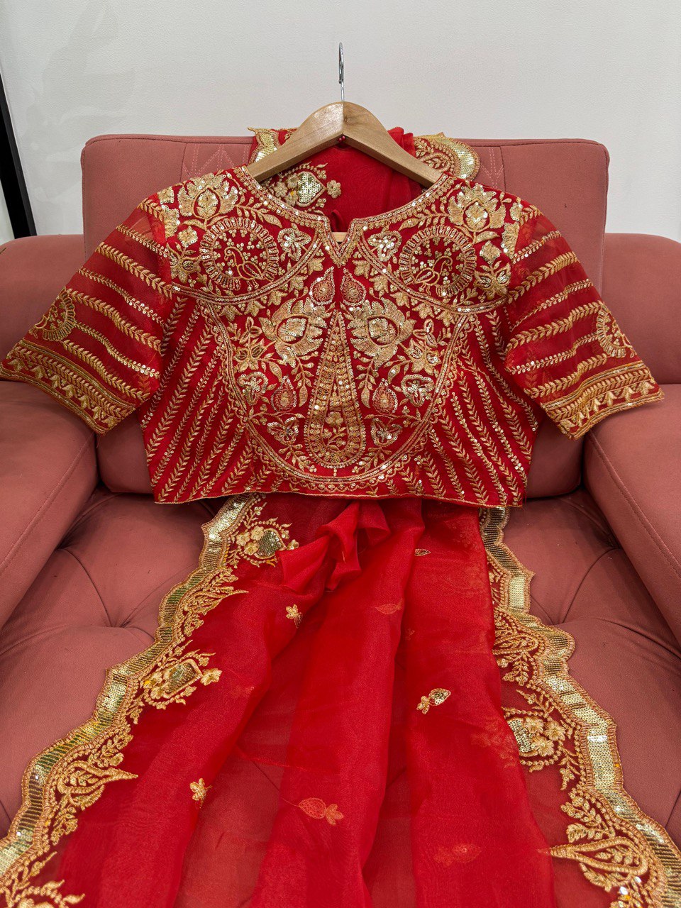 "Red Net Saree with Royal Gold Embroidery | Krushi Life Stylr"