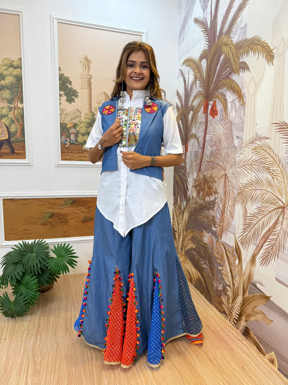 NEW STYLE, LAUNCHING DENIM JEANS PLAZZO, KOTI & SHIRT WITH EMBROIDERY WORK AND KODI LACE