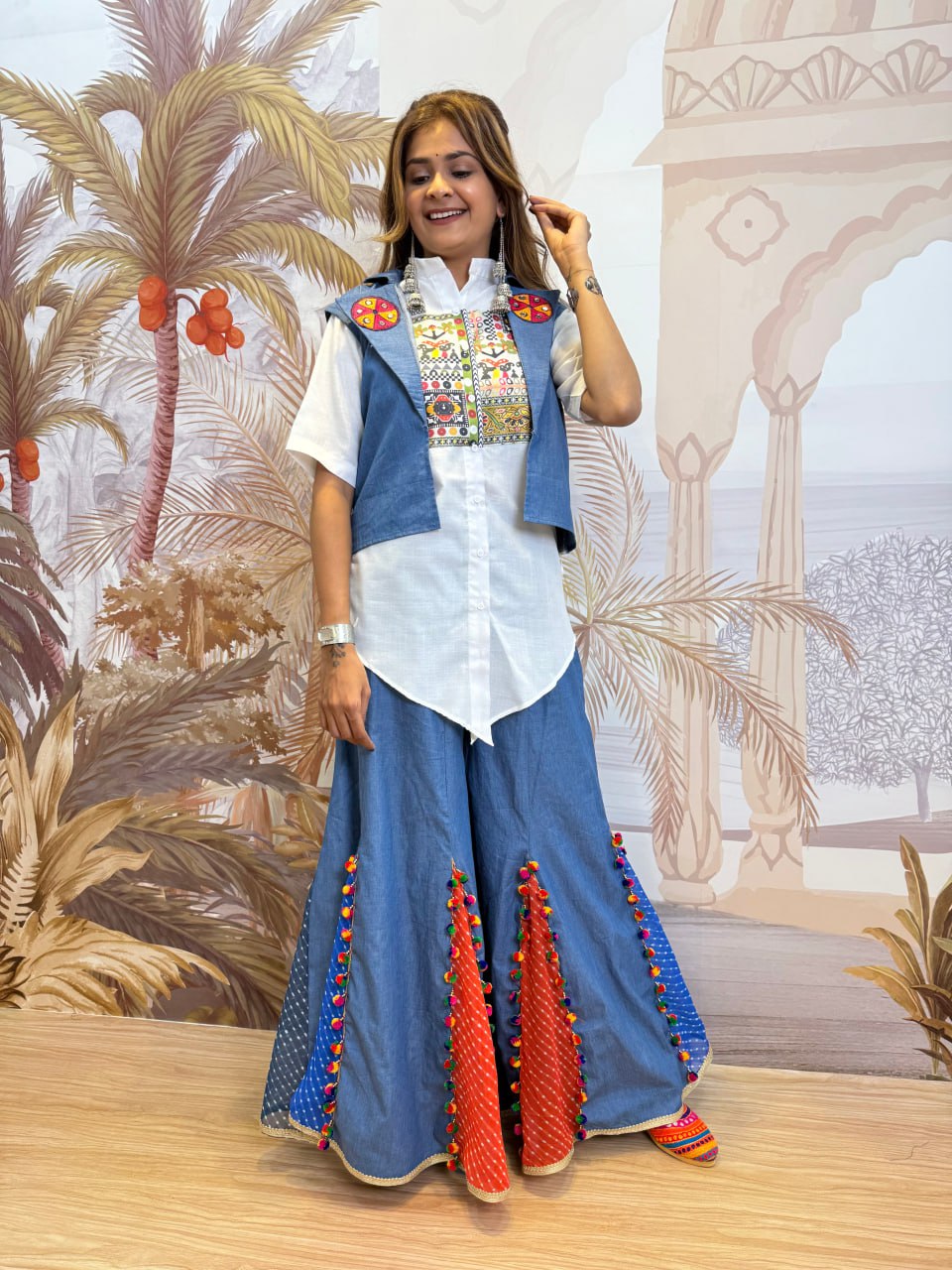 NEW STYLE, LAUNCHING DENIM JEANS PLAZZO, KOTI & SHIRT WITH EMBROIDERY WORK AND KODI LACE