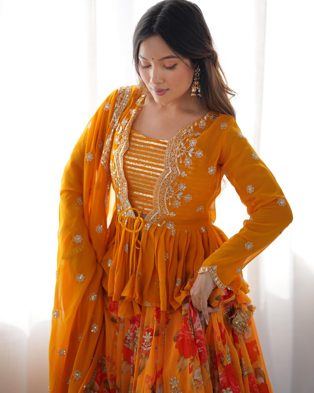"Sunset Glow Floral Lehenga Set – Choli, Koti & Dupatta Elegance | Krushi Life Style"