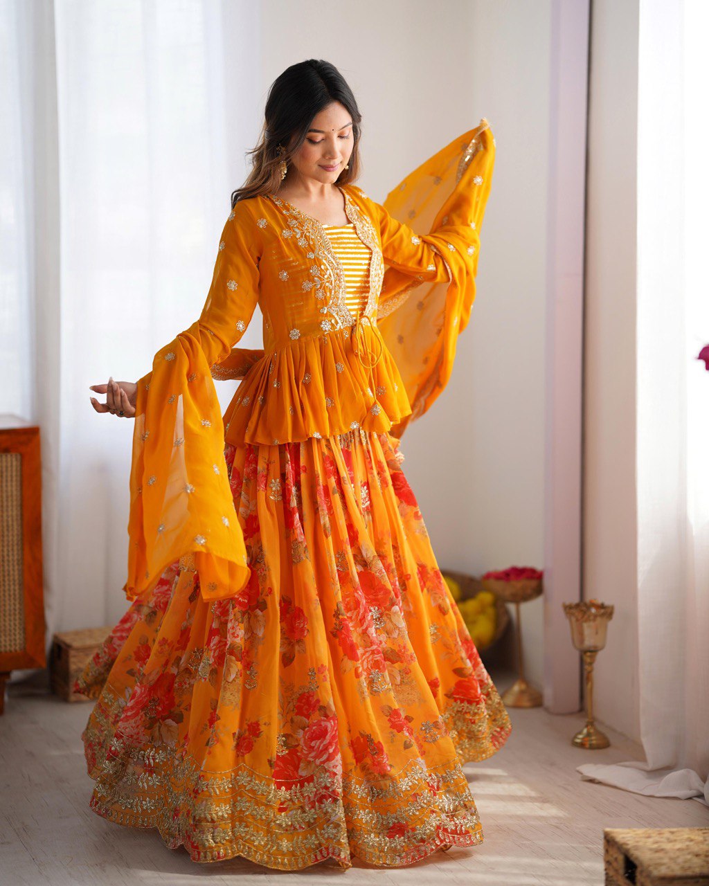 "Sunset Glow Floral Lehenga Set – Choli, Koti & Dupatta Elegance | Krushi Life Style"