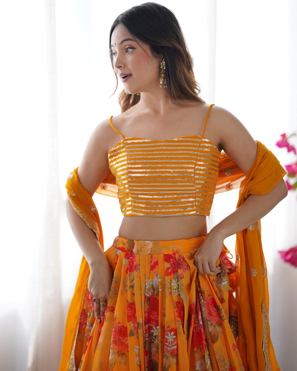 "Sunset Glow Floral Lehenga Set – Choli, Koti & Dupatta Elegance | Krushi Life Style"