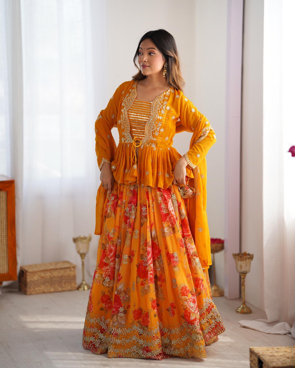 "Sunset Glow Floral Lehenga Set – Choli, Koti & Dupatta Elegance | Krushi Life Style"