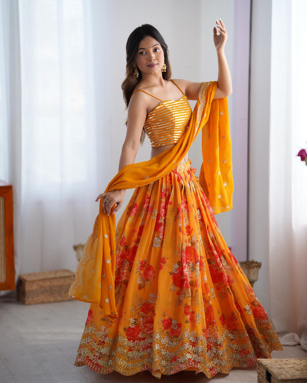 "Sunset Glow Floral Lehenga Set – Choli, Koti & Dupatta Elegance | Krushi Life Style"