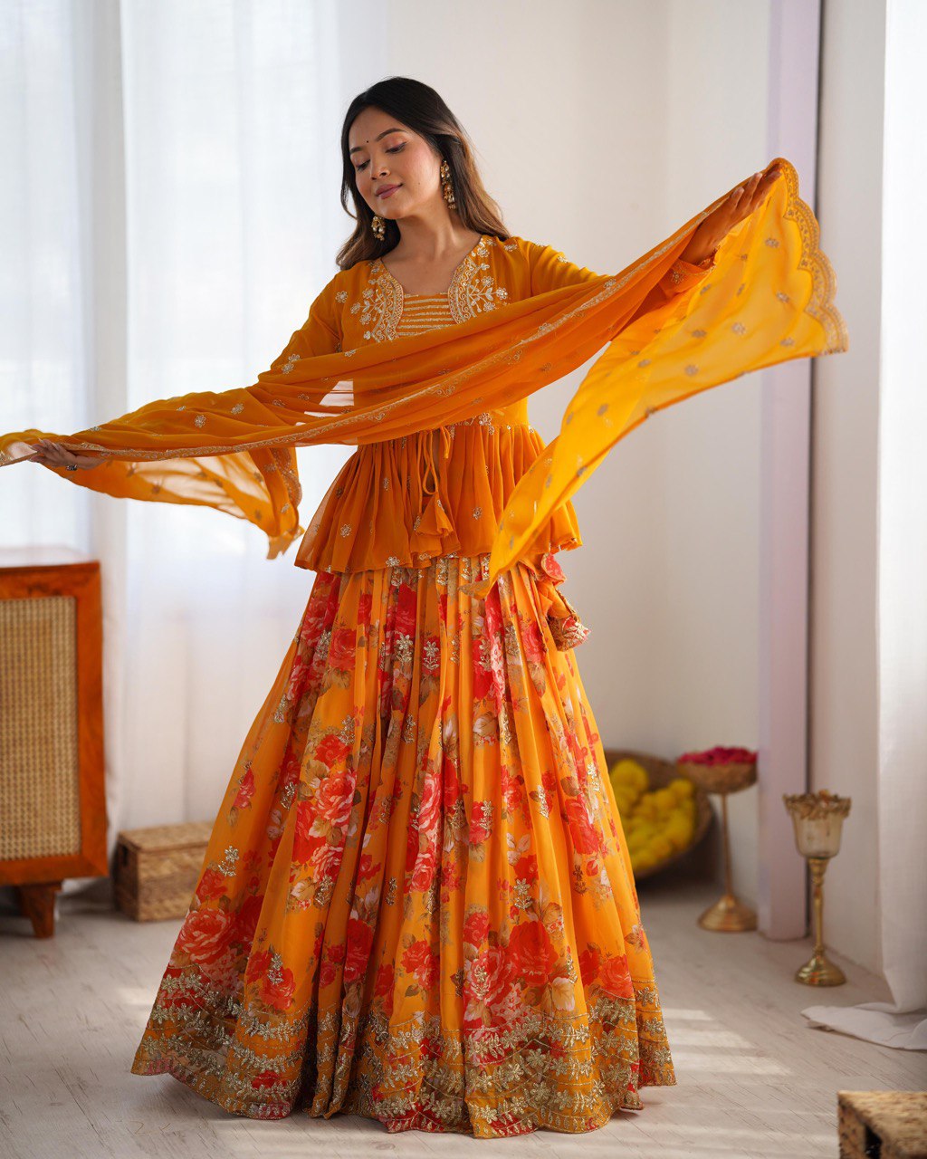 "Sunset Glow Floral Lehenga Set – Choli, Koti & Dupatta Elegance | Krushi Life Style"