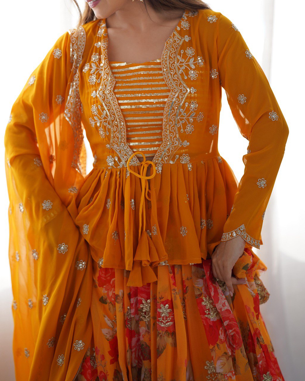 "Sunset Glow Floral Lehenga Set – Choli, Koti & Dupatta Elegance | Krushi Life Style"