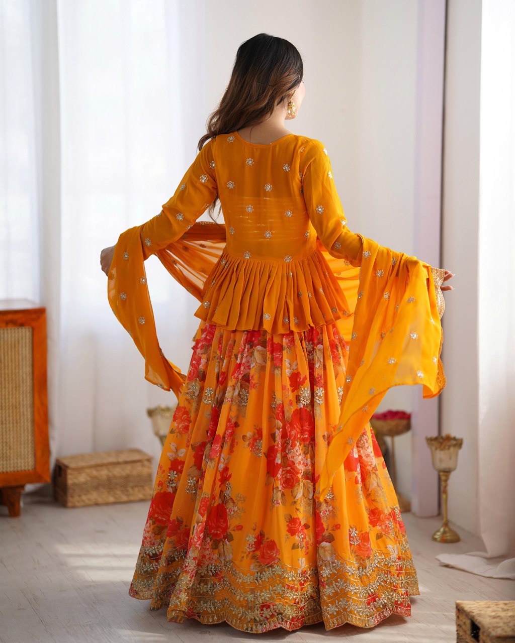 "Sunset Glow Floral Lehenga Set – Choli, Koti & Dupatta Elegance | Krushi Life Style"