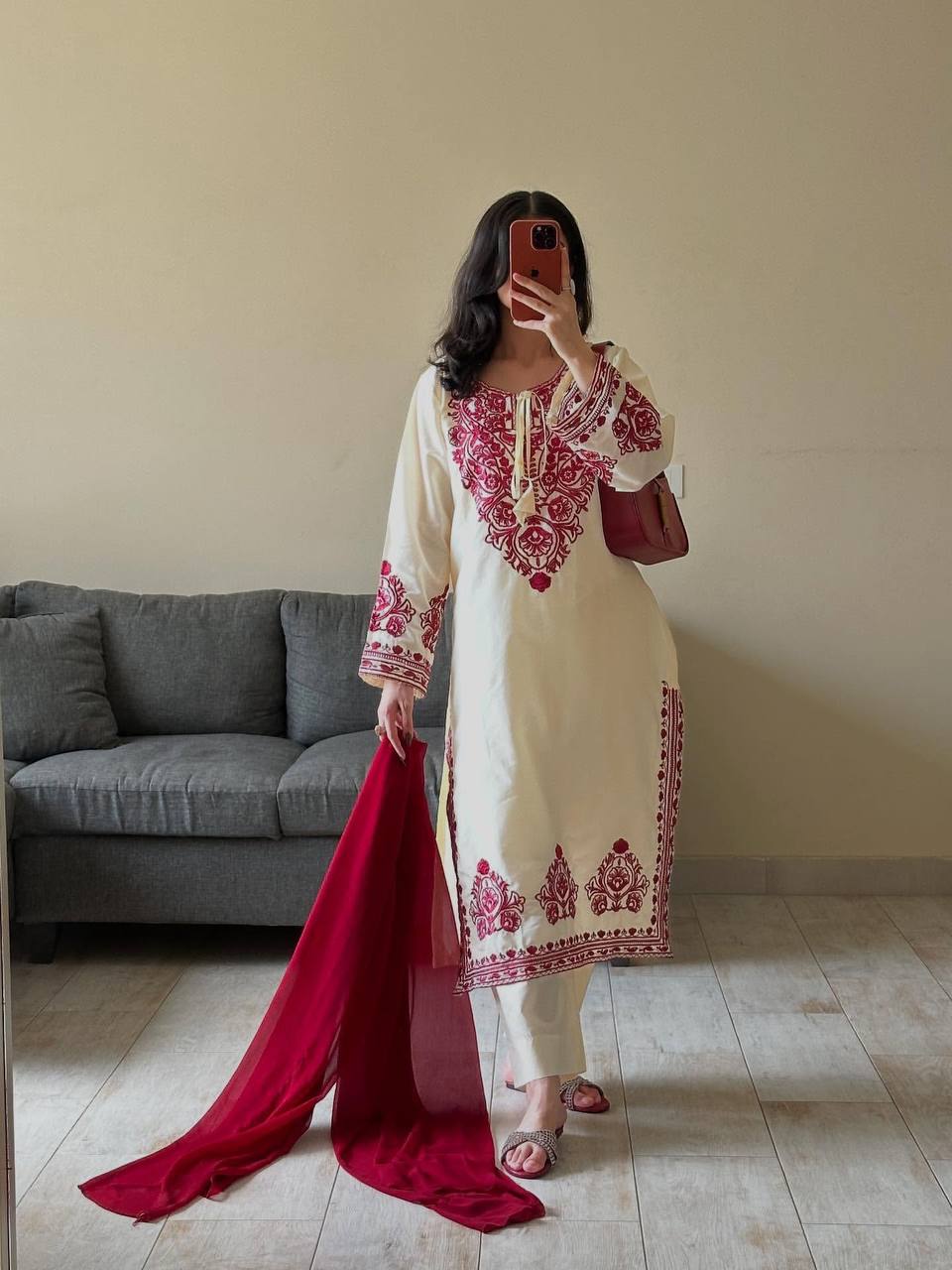 Whait Color Kurta Set With Red Color Embroidery Work | Krushi Life Style